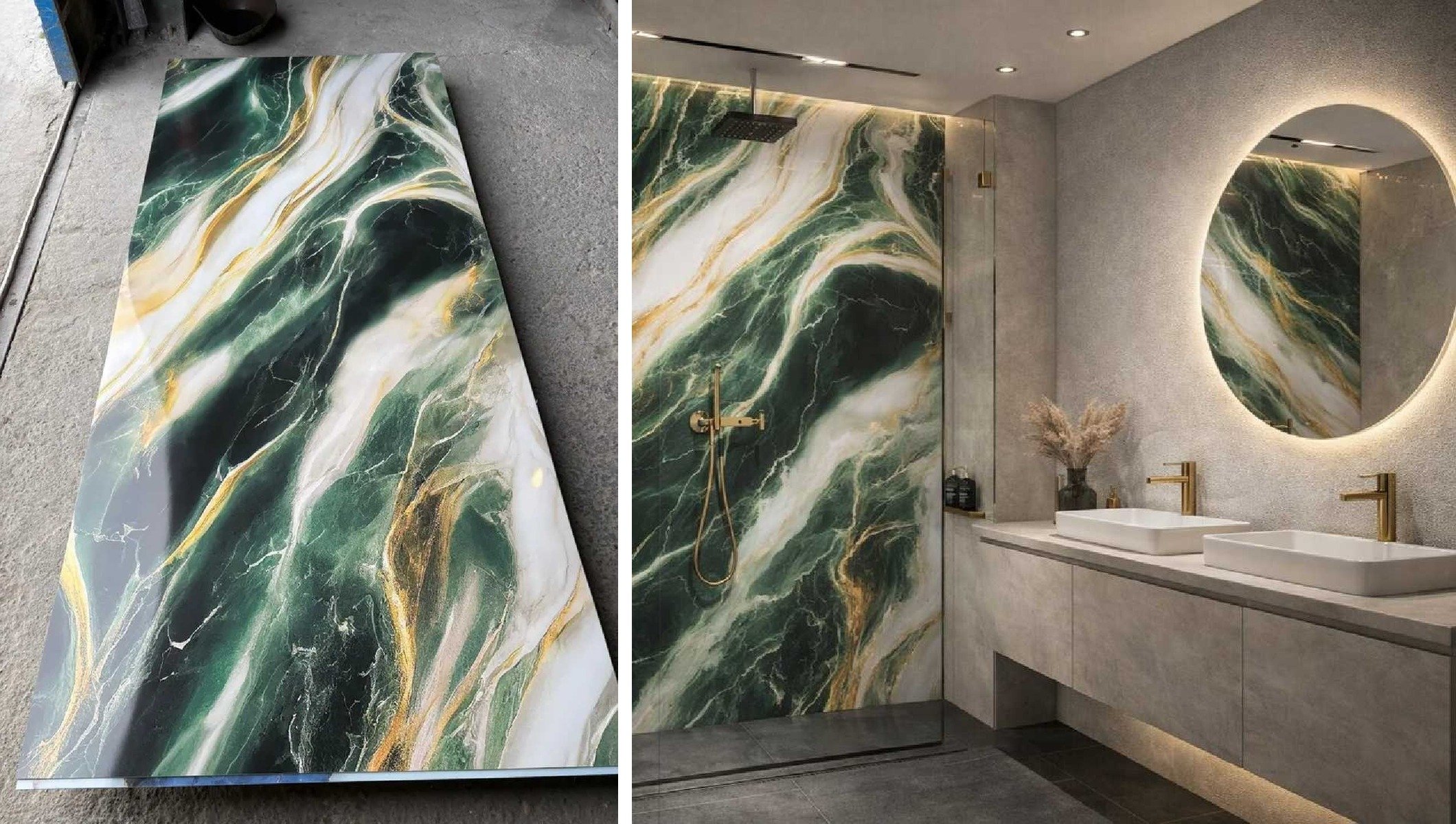 PVC панели за стени и баня - модел Зелен мрамор със злато