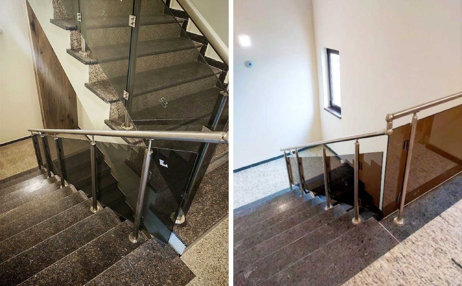 Иноксов парапет от неръждаема стомана с бронзово закалено стъкло за вътрешно стълбище с гранитни стъпала - модерно решение за жилищна сграда
