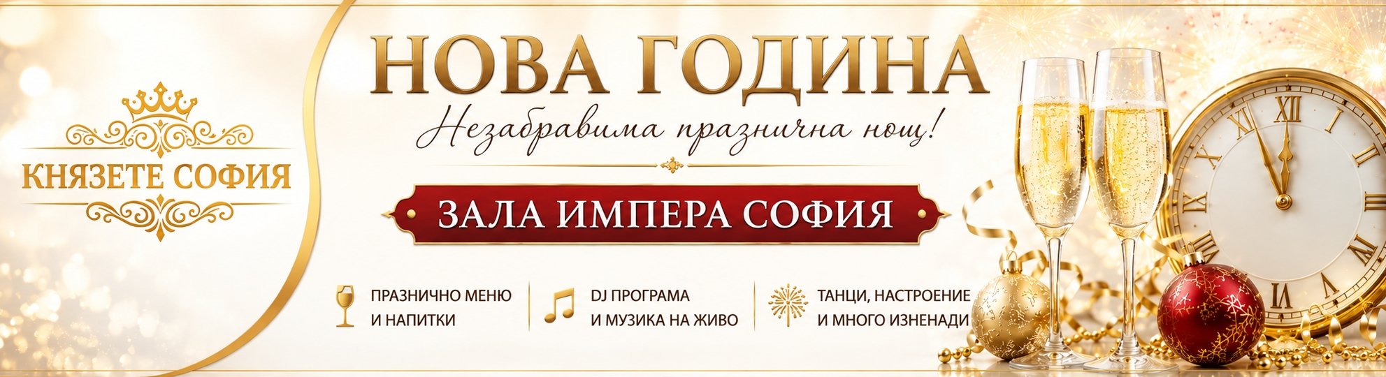 Новогодишен банер на Князете София за празнуване на Нова година в Зала Импера София с празнично меню, музика, DJ, шампанско и незабравима атмосфера.