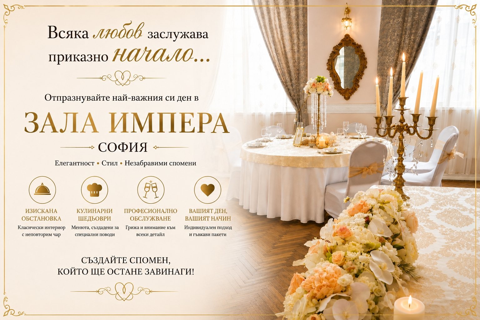Сватба в София, организирана от Князете София в Зала Импера &ndash; елегантна сватбена декорация, професионален кетъринг и цялостна организация на сватбени тържества.