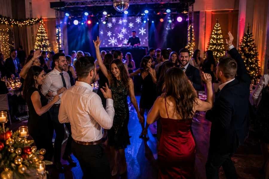 DJ и танцуващи гости на фирмено коледно парти в София с коледна украса