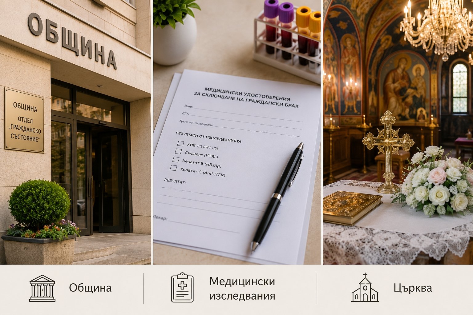 Община, медицински изследвания и православна църква – основни етапи при подготовката и организацията на сватба преди сватбения ден.