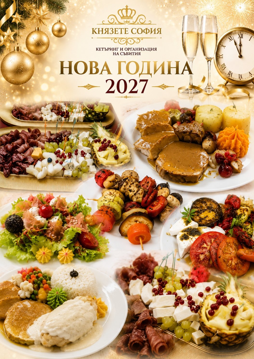 Новогодишно меню и куверти за Нова година 2027 в Зала Импера София с кетъринг от Князете София.