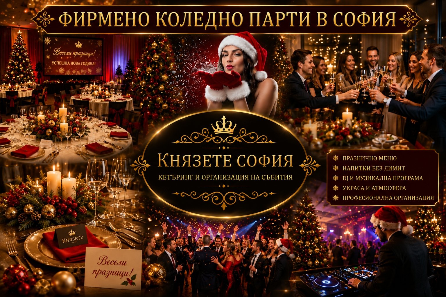 Организация на фирмени коледни партита в София. Празнично меню, професионален кетъринг, DJ, украса, програма и цялостна организация на фирмени коледни събития.