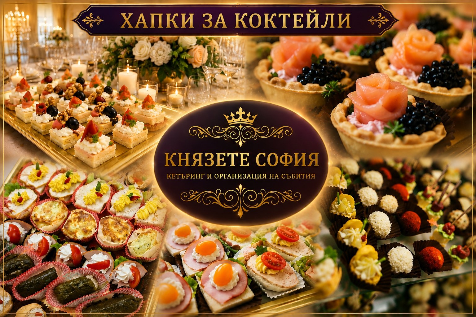 Богато разнообразие от коктейлни хапки и гурме предложения, приготвени от Князете София за сватби, фирмени събития, коктейли, юбилеи, кръщенета и частни празници.