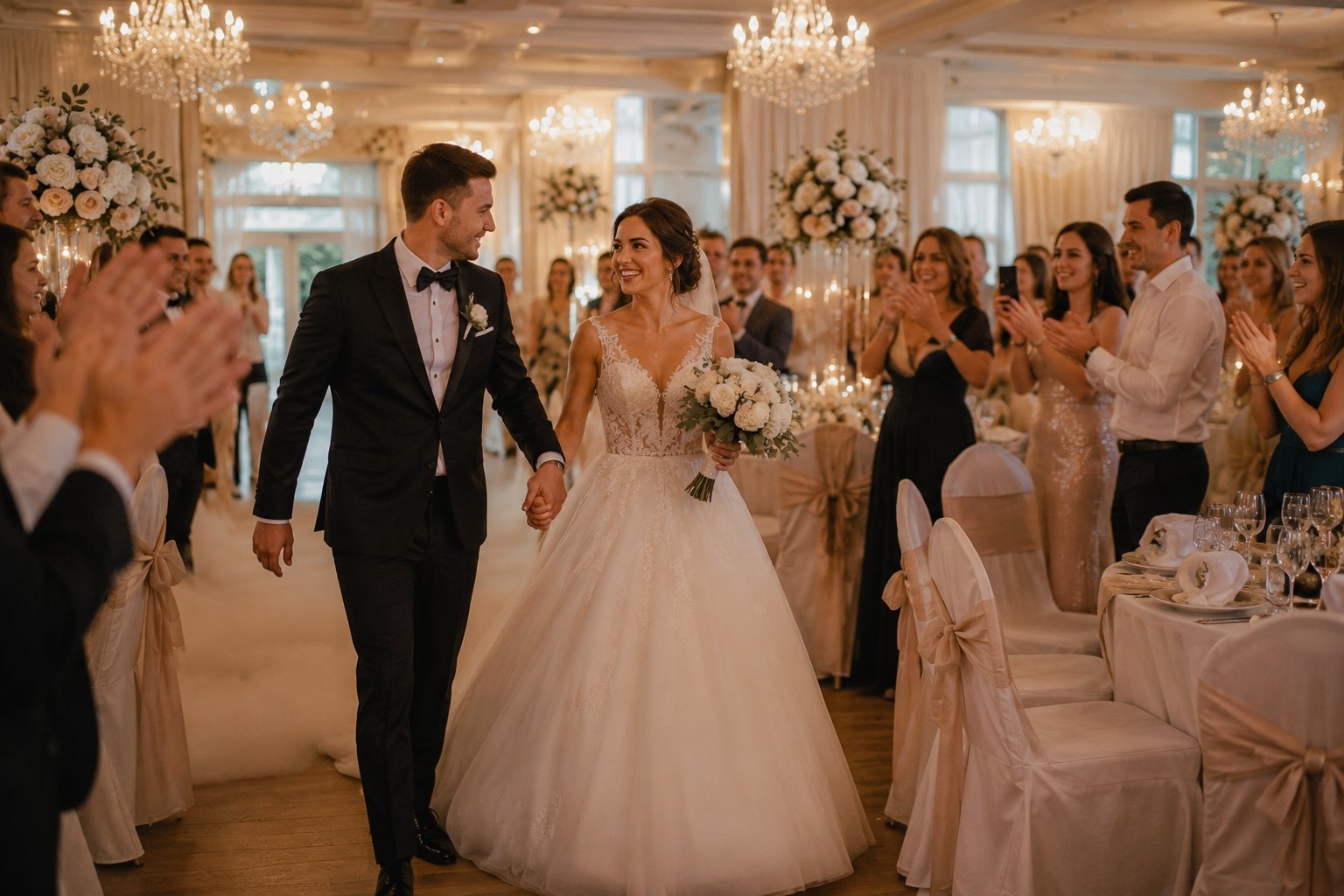 Младоженците влизат усмихнати в сватбената зала, посрещнати с аплодисменти от своите гости след успешно решен неочакван проблем в деня на сватбата