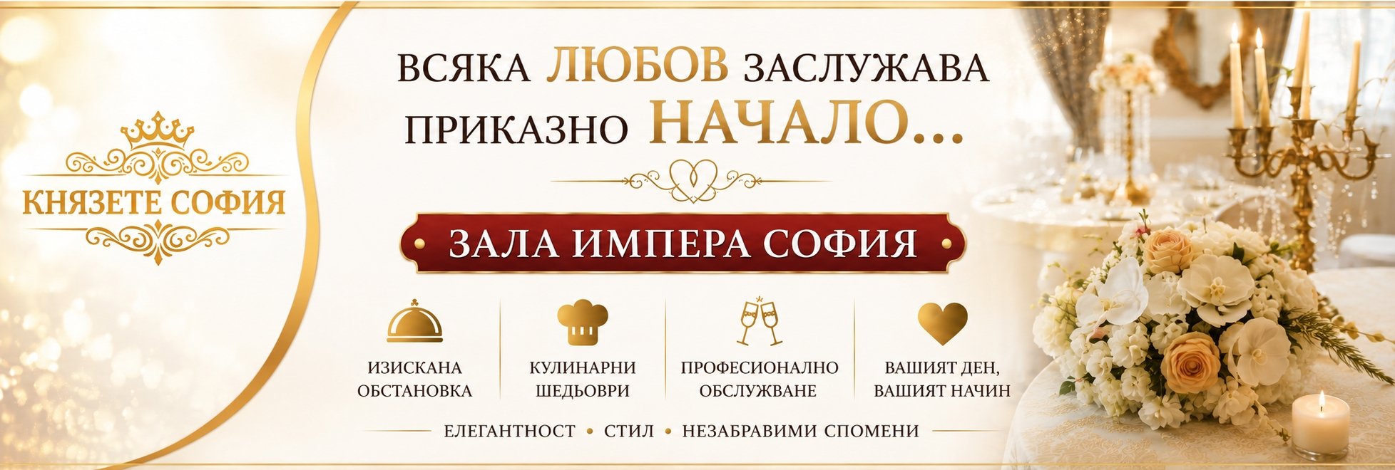 Сватба в София в Зала Импера София от Князете София с елегантна сватбена обстановка, професионален кетъринг и цялостна организация на сватби.