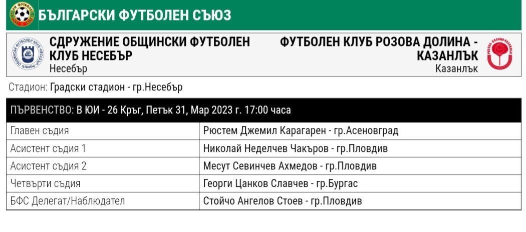 26 кръг: Несебър (Несебър) - Розова долина (Казанлък)