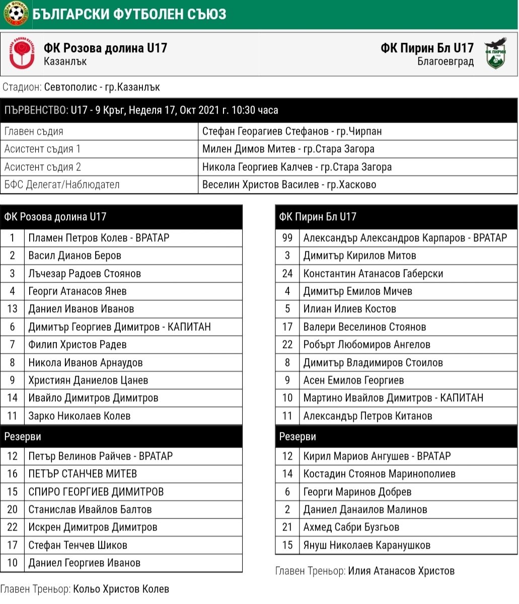 9 кръг: ФК Розова долина U17 (Казанлък) - ФК Пирин U17 (Благоевград)