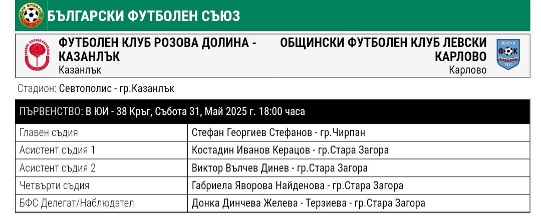 38 кръг: Розова долина (Казанлък) - Левски (Карлово)