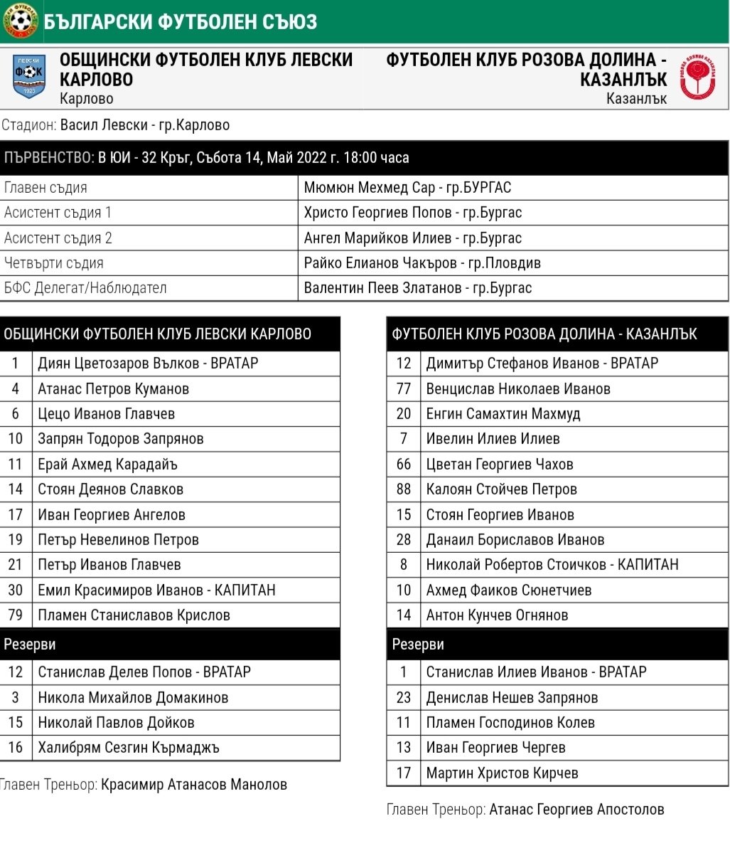 32 кръг: Левски (Карлово) - Розова долина (Казанлък)                -   източник: bulgarian-football.com