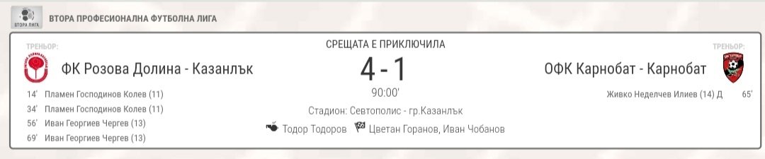 12 кръг: ФК Розова долина (Казанлък) - ОФК Карнобат (Карнобат)