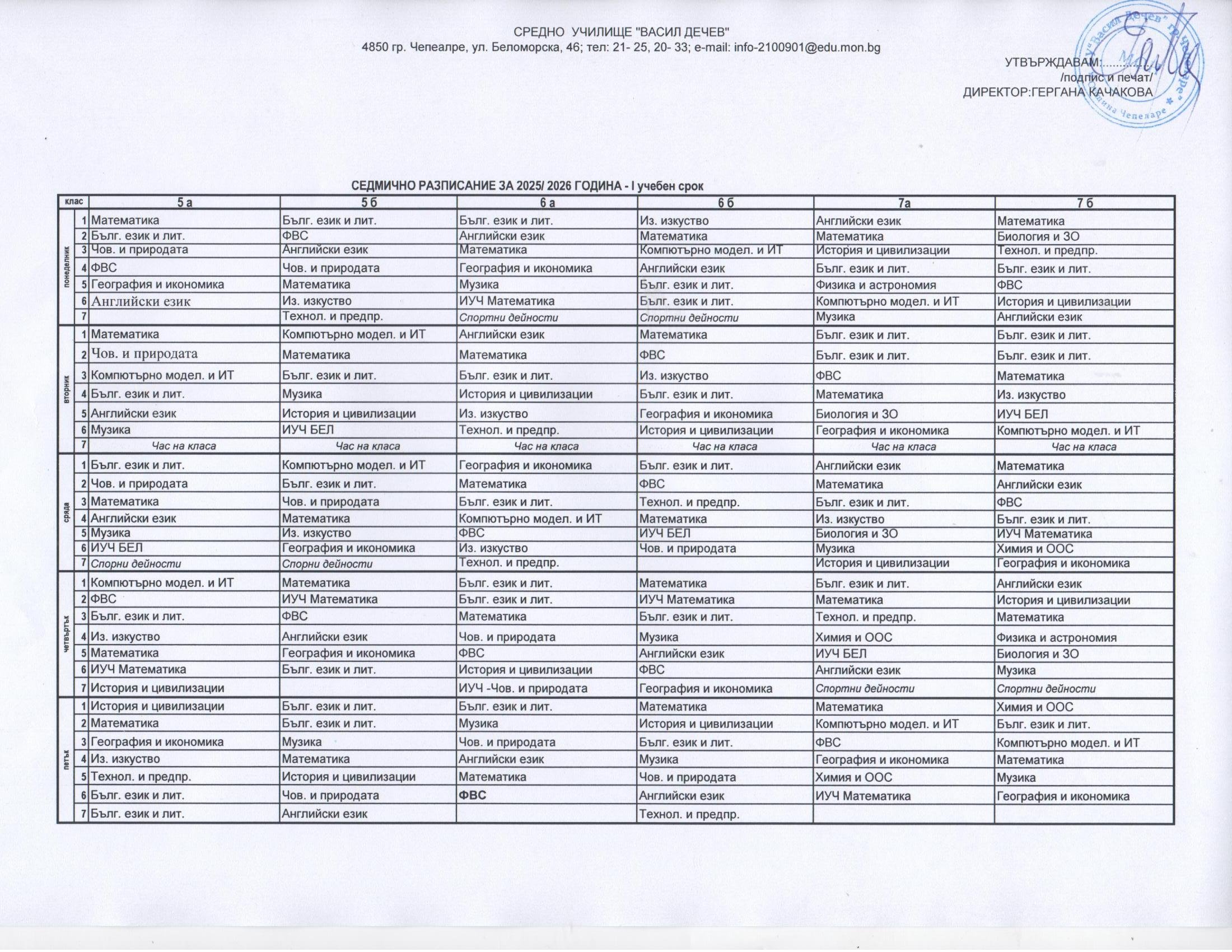 СЕДМИЧНА ПРОГРАМА